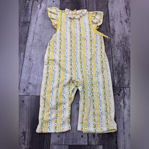 Vintage 80s Carters Yellow Check Jumpsuit Romper Overalls Girls Size 24 months